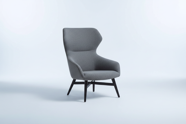 Gebrauchter grauer Lounge-Sessel mit gepolsterter Rückenlehne, Armlehnen und schwarzem Gestell für Empfangsbereiche und Bürolounges
