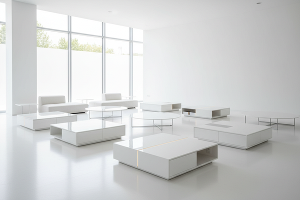 Moderne Lounge-Tische in Weiss in einem stilvollen, offenen Bürobereich