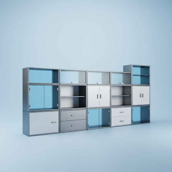 Modulares Stauraumsystem mit Regalen, Schubladen und Schrankelementen für flexible Büroeinrichtungen