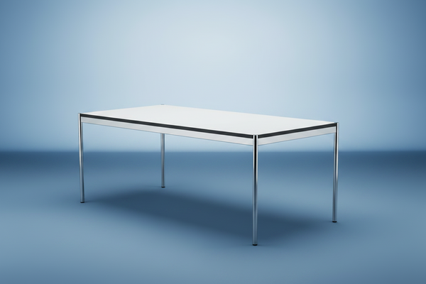 Gebrauchter Schreibtisch mit weisser Tischplatte und filigranem Chromgestell für moderne Büroarbeitsplätze
