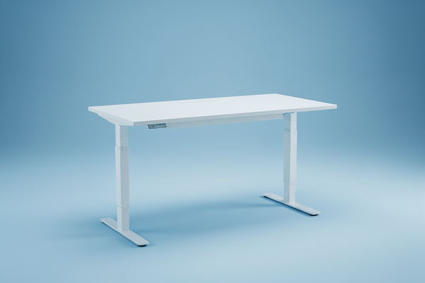 Gebrauchter Sitz-Steh-Schreibtisch mit weisser Tischplatte und elektrisch höhenverstellbarem Gestell für ergonomische Arbeitsplätze