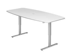 Illustration eines elektrisch höhenverstellbaren Sitz-Steh-Schreibtisches in weiß mit leicht gewölbter Vorder- und Rückkante
