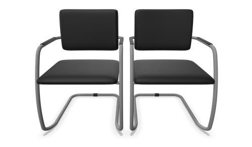 Zwei elegante Sitzungsstühle mit grauem Gestell und schwarzen Polstern