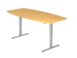 Illustration eines elektrisch höhenverstellbaren Sitz-Steh-Schreibtisches mit leicht gewölbter Vorder- und Rückkante der Tischplatte in hellem Holzdekor