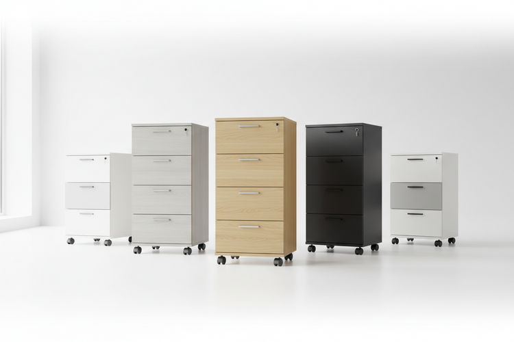 Fünf Caddies/Rollcontainer mit Schubladen in Weiss, Holzoptik und Schwarz auf hellem Hintergrund