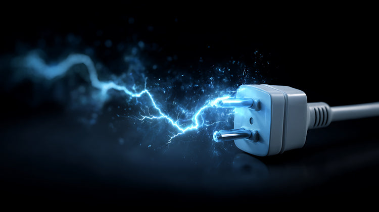 Nahaufnahme eines Stromsteckers vor schwarzem Hintergrund, aus dessen Kontakten blaue elektrische Funken und Blitze sprühen.