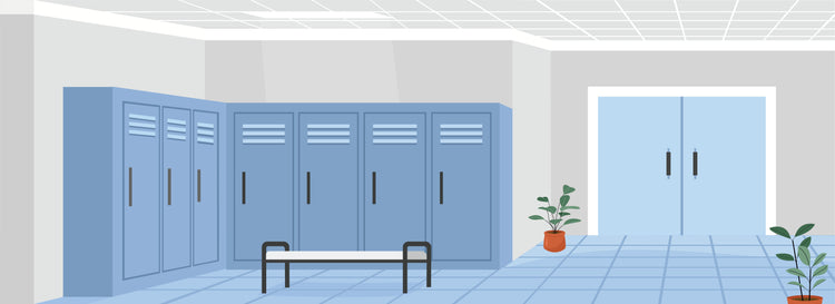 Illustration eines Garderobenbereichs mit blauen Garderobenschränken, Sitzbank, Doppeltür und Pflanzen auf gefliestem Boden.