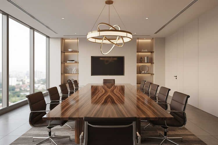 Elegantes Sitzungszimmer mit langem Holztisch, gepolsterten Drehstühlen, grossen Fenstern, Wandregalen, Bildschirm und moderner Pendelleuchte.