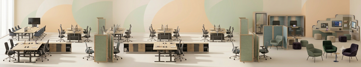 Helles, modernes 3D-Render-Banner einer Bürolandschaft mit verschiedenen hochwertigen Gebraucht-Büromöbeln wie ergonomischen Schreibtischen, Drehstühlen, Trennwänden und Telefonzellen im minimalistischen Tech-Lifestyle-Design