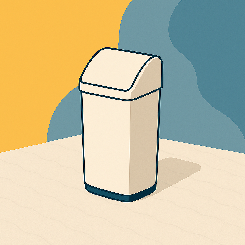 Minimalistische Illustration eines weissen Mülleimers mit Schwingdeckel auf hellem Tisch vor gelb-blauem Hintergrund.