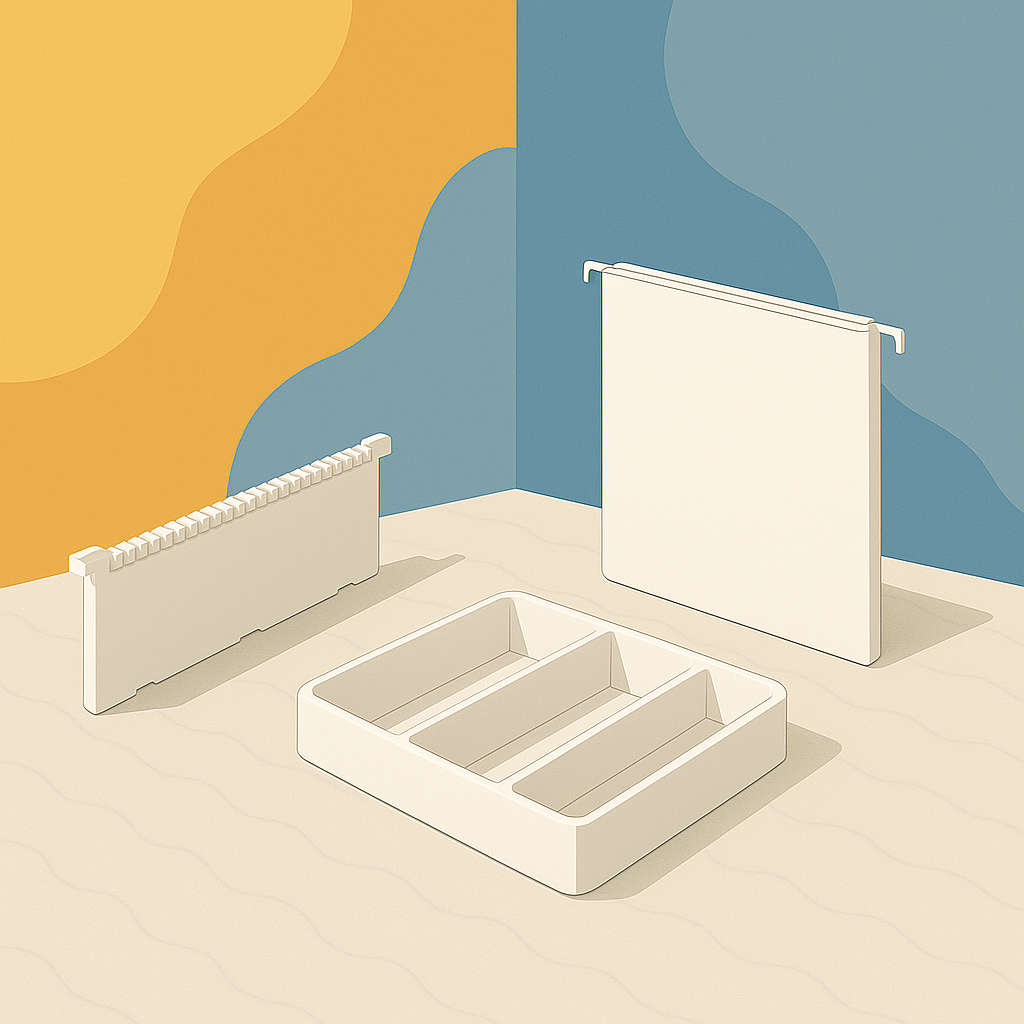 Minimalistische Illustration von weissen Schreibtisch-Organizern: Kabelkanal/Abdeckung, Haenge-Trennwand und Ablagefach mit drei Faecher auf hellem Tisch vor gelb-blauem Hintergrund.