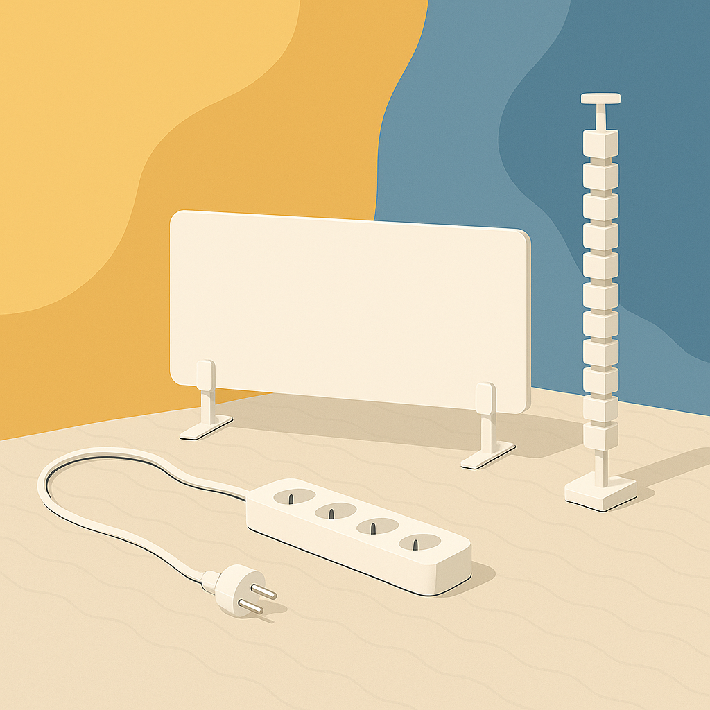 Minimalistische Illustration einer weissen Steckdosenleiste mit Stecker und Kabel sowie Kabelmanagement-Saeule und Schreibtisch-Trennwand auf hellem Tisch.