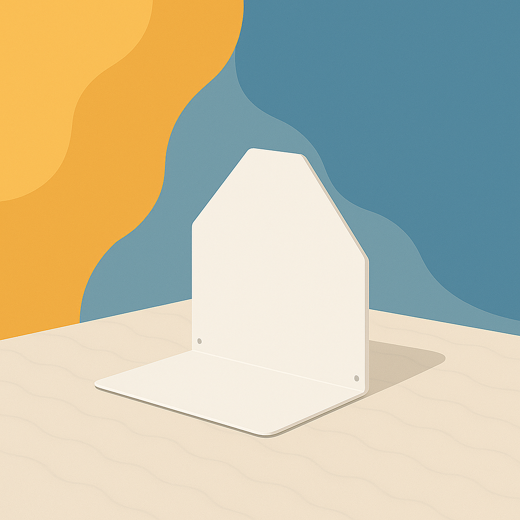 Minimalistische Illustration eines weissen Buchstützen-Winkels aus Metall auf hellem Tisch vor gelb-blauem Hintergrund.