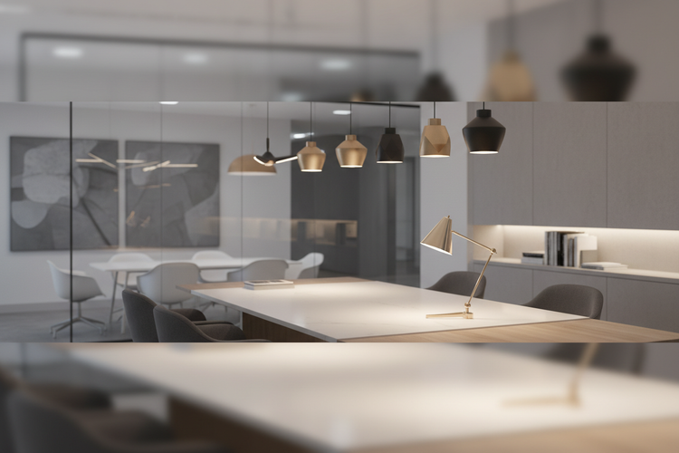 Modernes Büro mit grossem Besprechungstisch, grauen Stühlen und mehreren Pendelleuchten; im Hintergrund Glaswand, Kunstbilder und helle Küchenzeile.