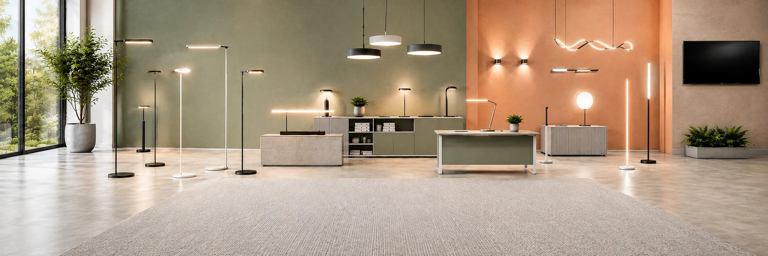 Hochwertige Beleuchtung Occasion Schweiz in modernem Premium-Showroom mit LED-Stehleuchten, Pendelleuchten, Tischleuchten und Bürobeleuchtung für stilvolle Arbeitsbereiche