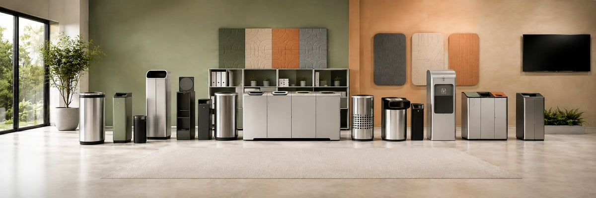 Hochwertige Entsorgungslösungen Occasion Schweiz in modernem Premium-Showroom mit Abfallbehältern, Recyclingstationen und eleganten Sammelsystemen für Büro und Empfang