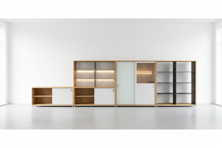 Modulares Schranksystem in Holzoptik mit offenen Regalen, weissen Schiebetüren, Glas-Schiebetür und integrierter Beleuchtung in einem hellen, minimalistischen Raum.