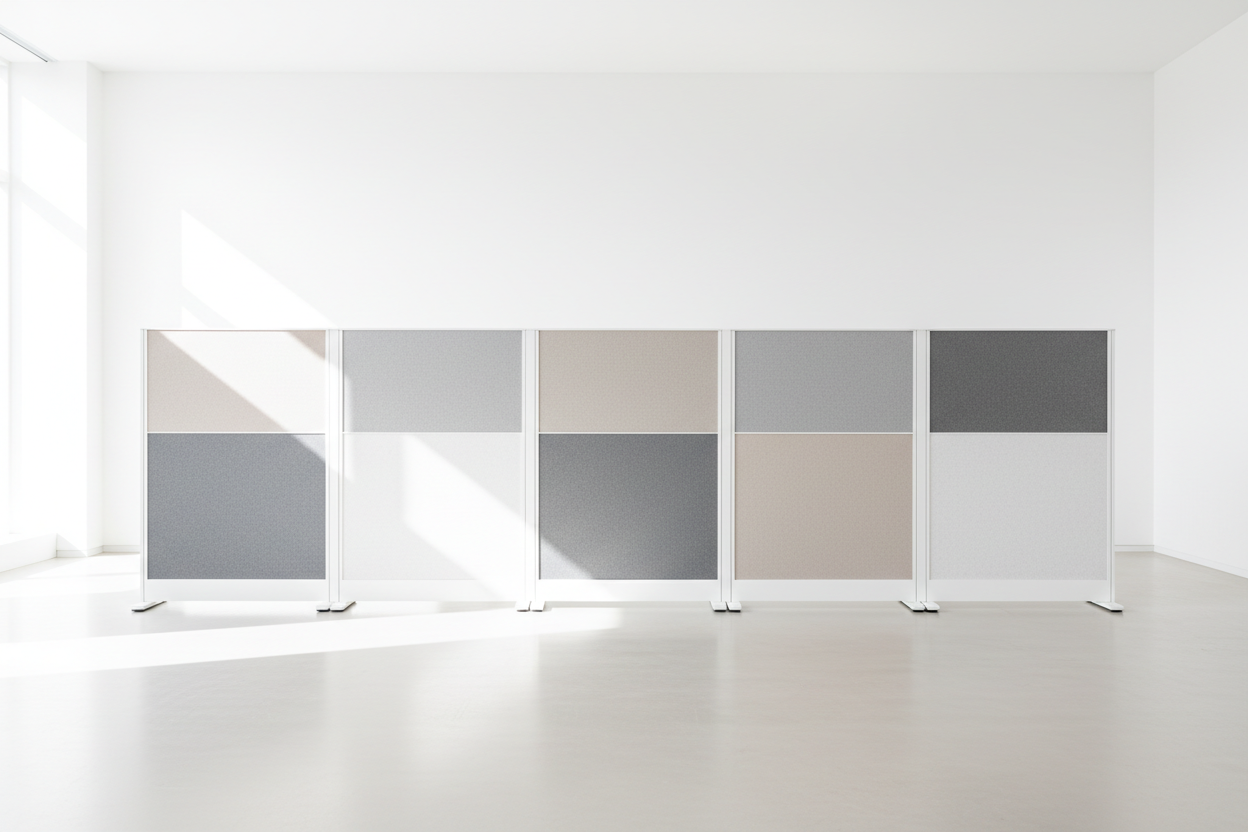Helle Büro-Trennwände in einer Reihe, mit Stofffeldern in Grau- und Beigetönen in einem lichtdurchfluteten Raum.