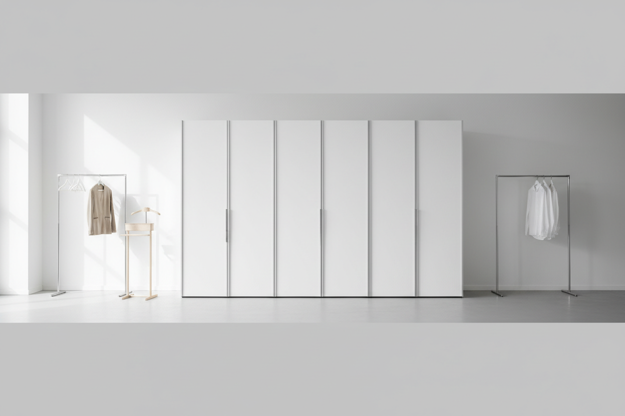 Helle Büro-Garderobe mit grosser, weisser Schrankwand und zwei Kleiderständern – links mit Holz-Kleiderbutler, rechts mit hängenden Hemden.