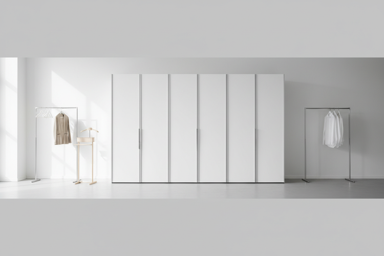 Helle Büro-Garderobe mit grosser, weisser Schrankwand und zwei Kleiderständern – links mit Holz-Kleiderbutler, rechts mit hängenden Hemden.