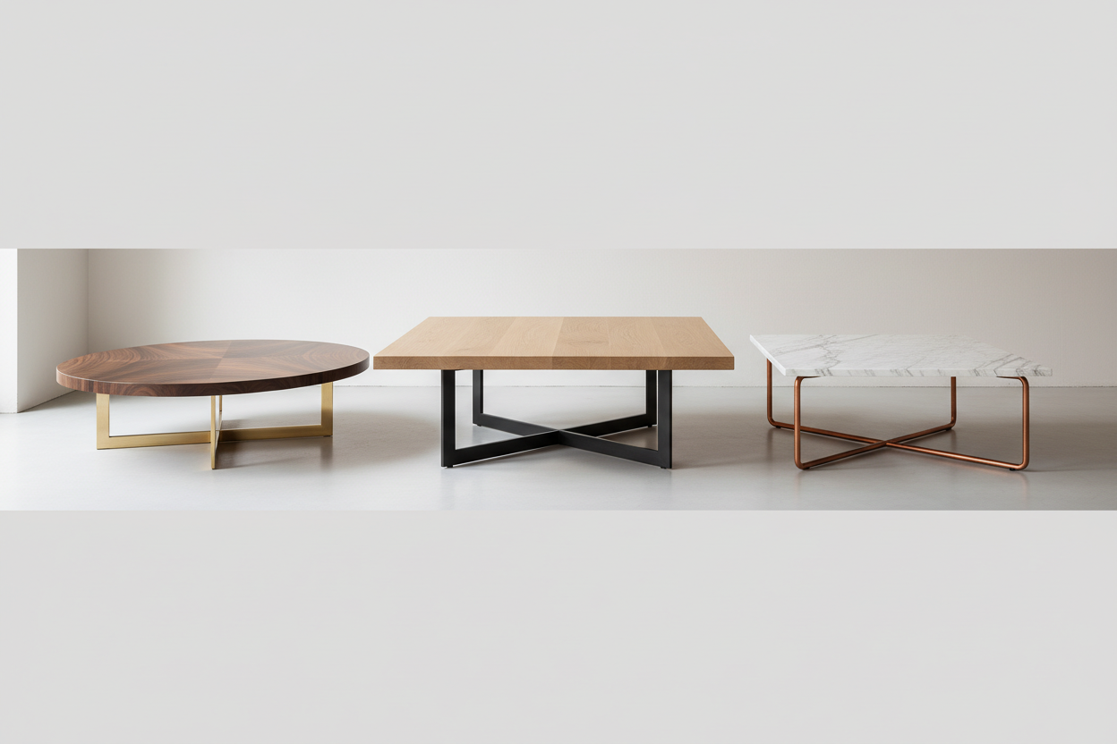 Drei moderne Lounge-Tische nebeneinander: links runder Holztisch mit goldfarbenem Gestell, mittig eckiger Holztisch mit schwarzem Metallfuss, rechts eckiger Marmortisch mit kupferfarbenem Gestell.