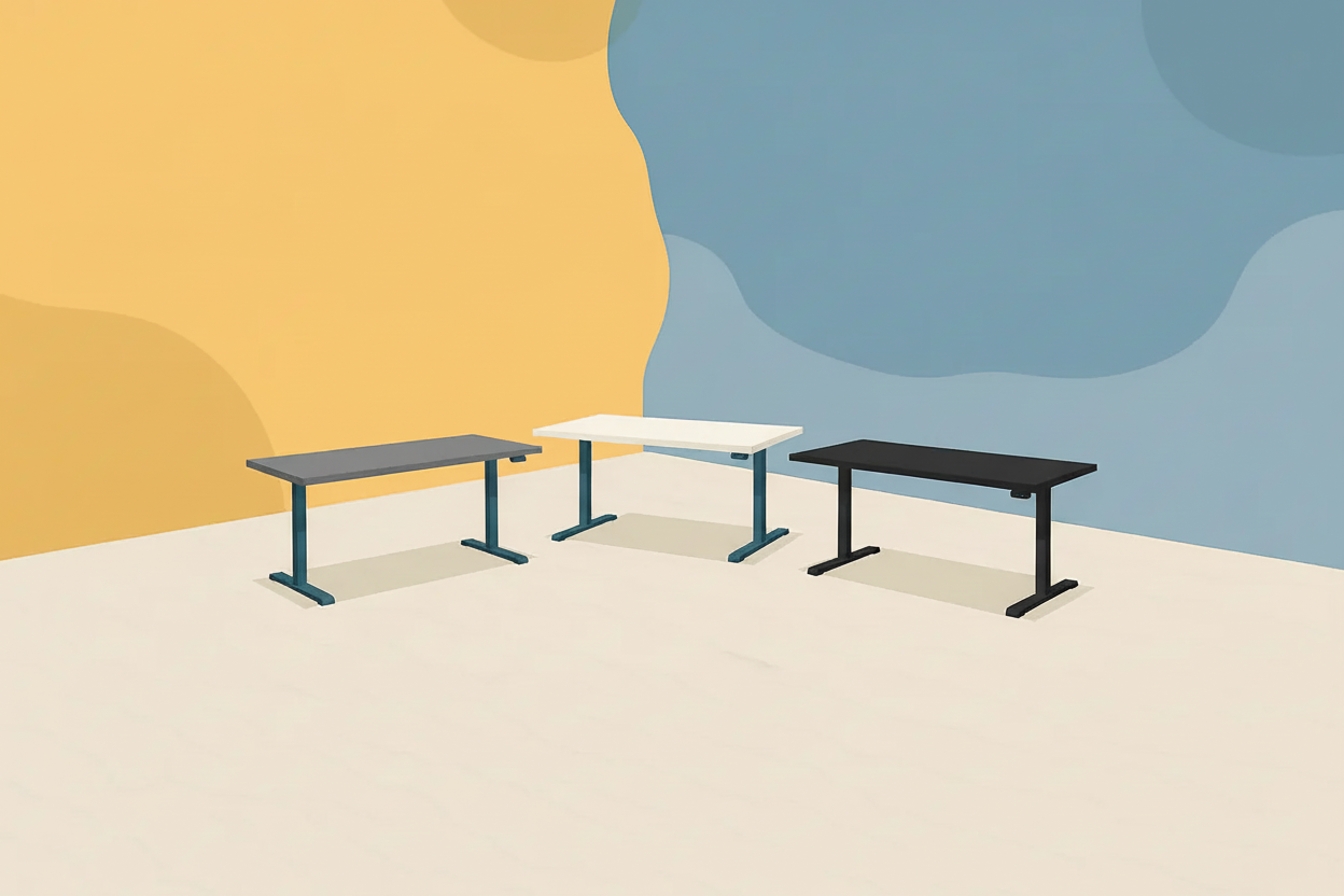 Minimalistische Illustration eines weissen, schwarzen und grauen Schreibtischs mit T-Fuessen auf hellem Boden vor gelb-blauem Hintergrund.