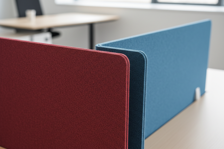 Zwei freistehende Akustiktrennwände aus Filz in Rot und Blau auf einem Schreibtisch, unscharfer Büroarbeitsplatz im Hintergrund.