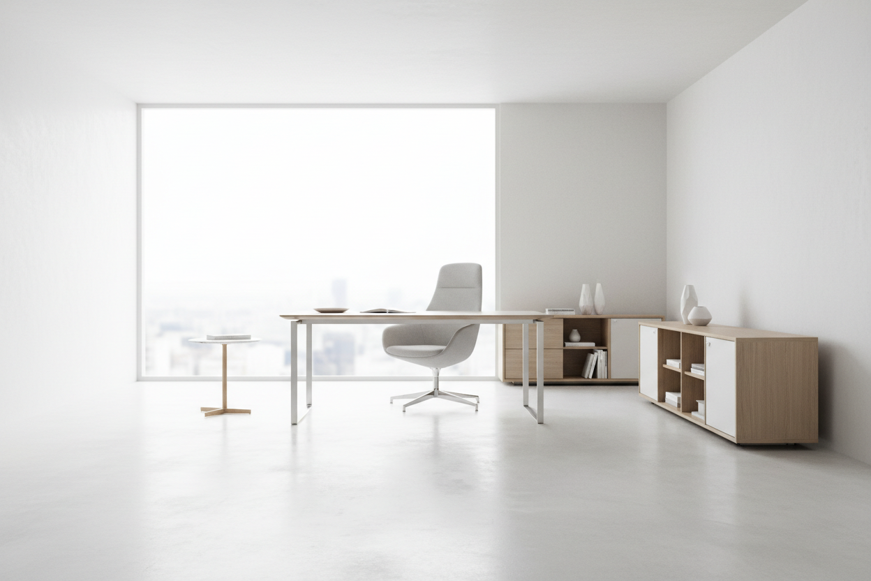 Helles Büro mit grossem Fenster: moderner Schreibtisch, grauer Bürodrehstuhl und Holz-Sideboards mit offenen Fächern und Schiebetüren.