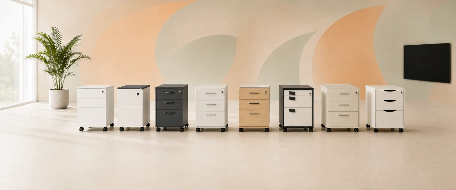 Korpusse und Rollcontainer Occasion Schweiz in modernem Showroom für mobile Büroaufbewahrung und Arbeitsplätze