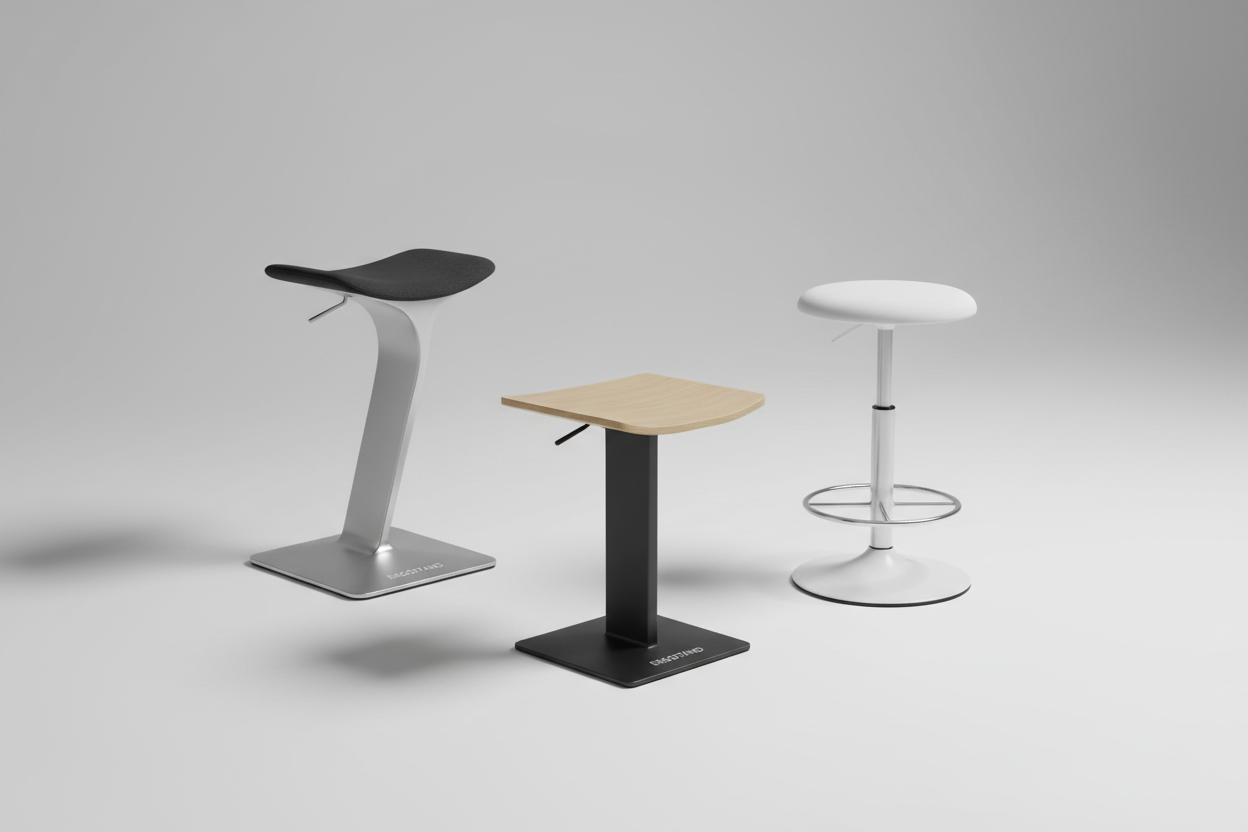 Minimalistisches Studiofoto mit zwei Stehhilfen und einem kleinen Stehtisch: links graue Stehhilfe mit schwarzer Sitzfläche, rechts weisser Hocker, in der Mitte Tisch mit Holzplatte.