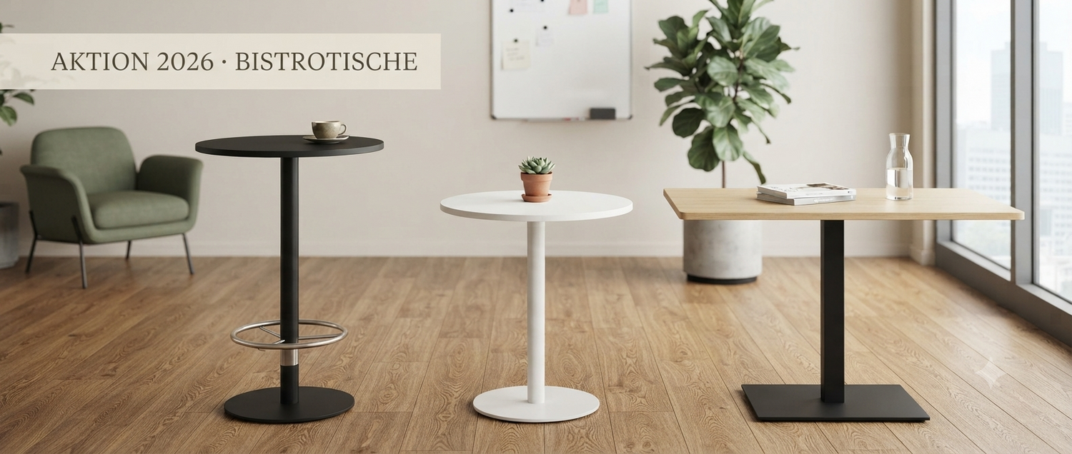 Bistrotische-Aktion 2026: Verschiedene moderne Stehtische und Bistrotische mit stabilen Standfüssen in einem hellen Raum.