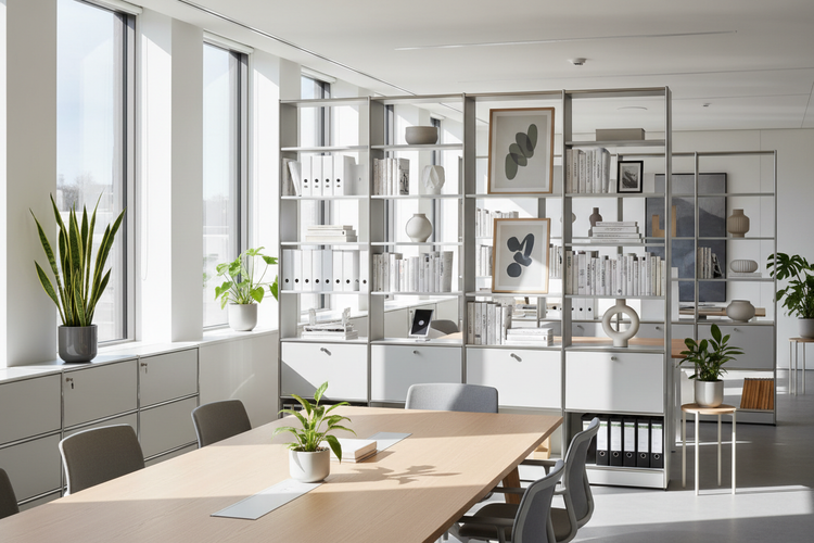 Helles Büro mit grossen Fenstern links, viel Tageslicht und weissem gefüllten Rega