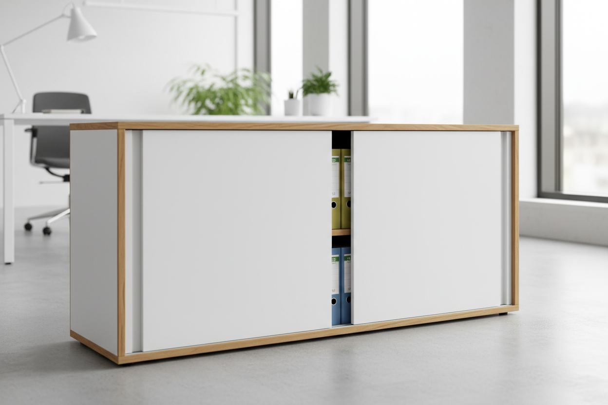 Moderner Schiebetürschrank in Weiss mit Holzrahmen, mittigem offenen Fach mit Ordnern, in hellem Büro mit grossen Fenstern.