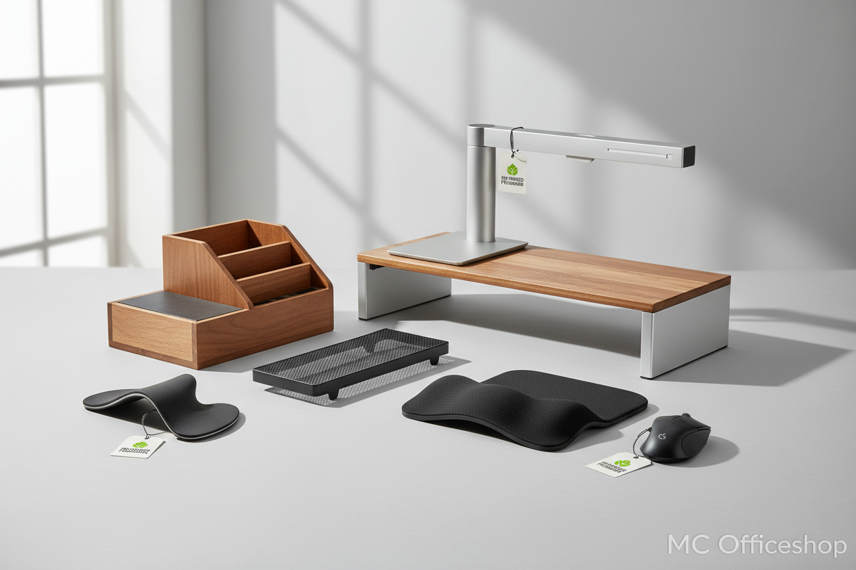 Verschiedenes Occasions-Bürozubehör auf einem Tisch: Holz-Organizer, Monitorerhöhung, Schreibtischlampe, Handgelenkstützen und Maus.