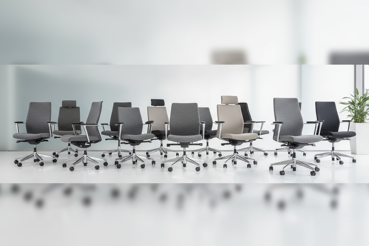 Reihe moderner Bürodrehstühle in Grau-, Schwarz- und Beigetönen mit Armlehnen und Rollen in einem hellen Raum; rechts steht eine grüne Pflanze.“