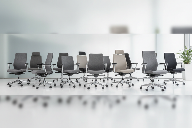 Reihe moderner Bürodrehstühle in Grau-, Schwarz- und Beigetönen mit Armlehnen und Rollen in einem hellen Raum; rechts steht eine grüne Pflanze.“