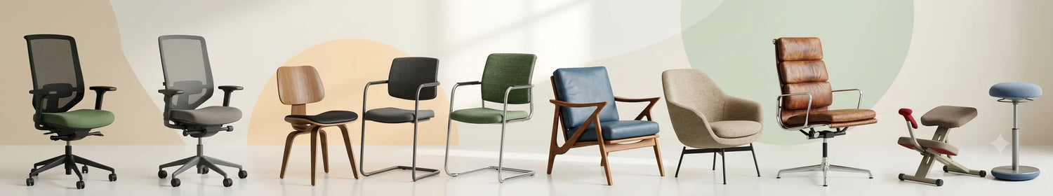 Foto einer Produktreihe verschiedener Stühle nebeneinander: Ergonomische gebrauchte Bürostühle, Drehstühle und Design-Sitzmöbel. Hochwertige Occasion-Modelle wie Leder-Chefsessel und Hocker für gesundes Sitzen in Unternehmen in der Schweiz.