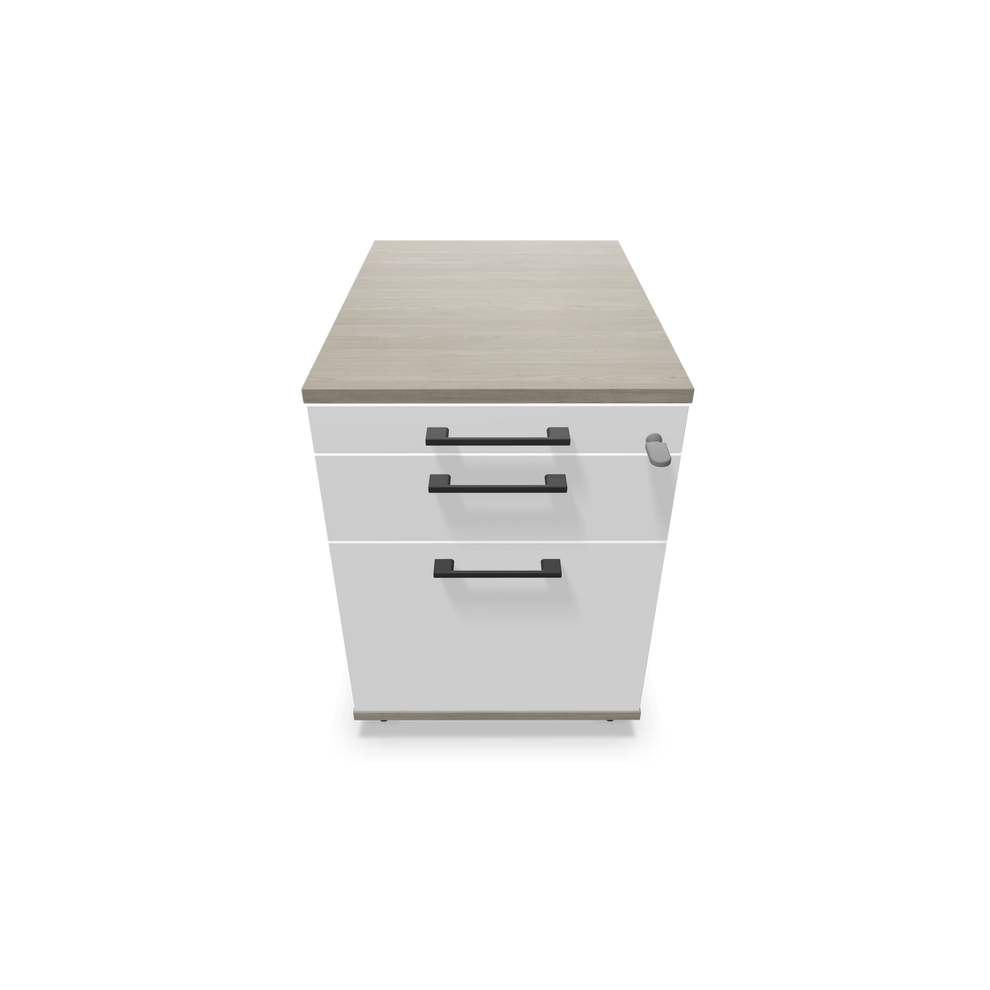 Narbutas Optima Roll-Korpus mit Hängeregister Holzdekor grau und weisser Front mit Griffen Schwarz