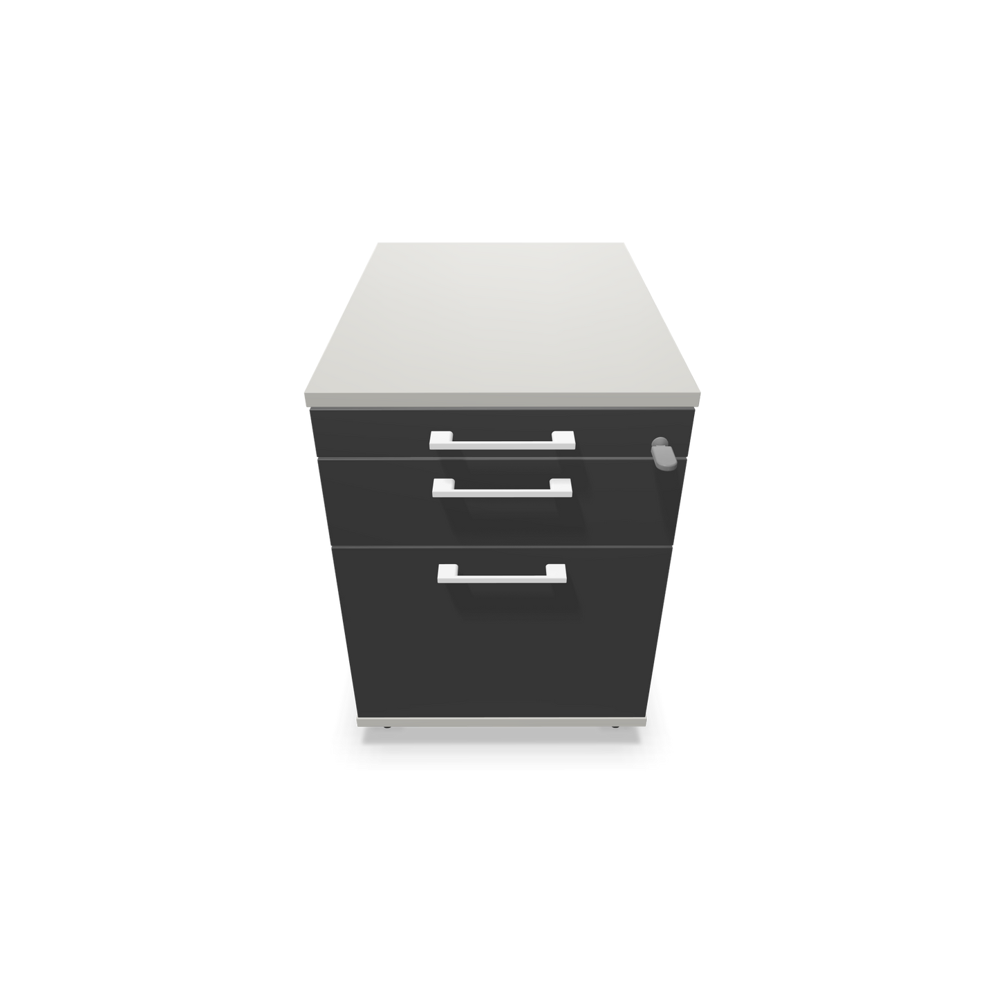 Narbutas Optima Roll-Korpus mit Hängeregister Perlgrau und dunkelgrauer Front mit Griffen Weiss