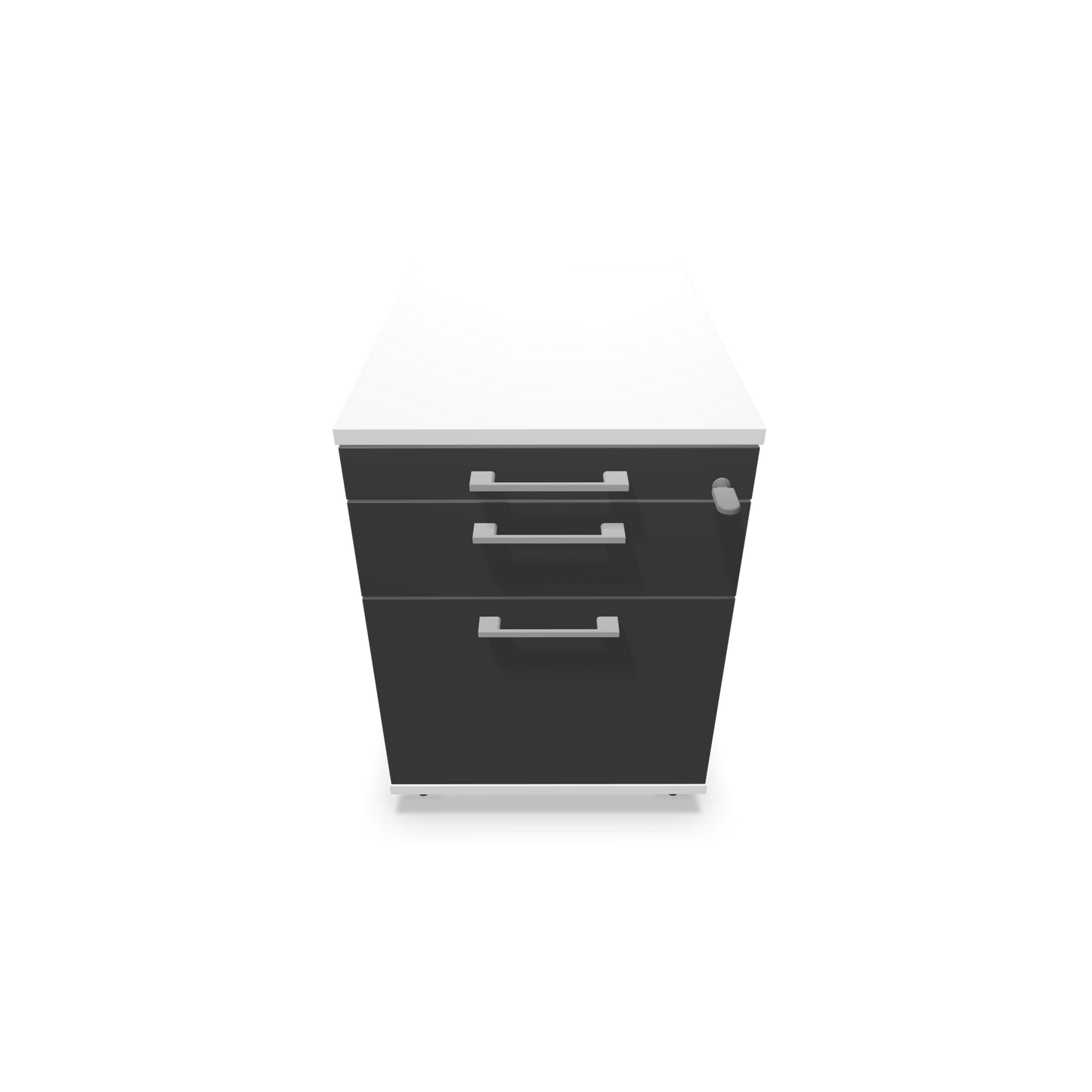 Narbutas Optima Roll-Korpus mit Hängeregister Weiss und dunkelgrauer Front mit Griffen Silbergrau