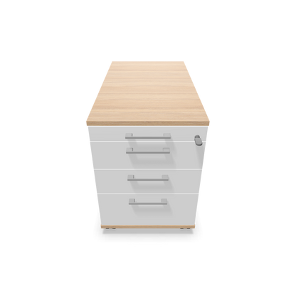 Narbutas Optima Roll-Korpus mit 4 Schubladen - 800mm - Bernsteineichendekor und weisser Front mit Griffen Silbergrau