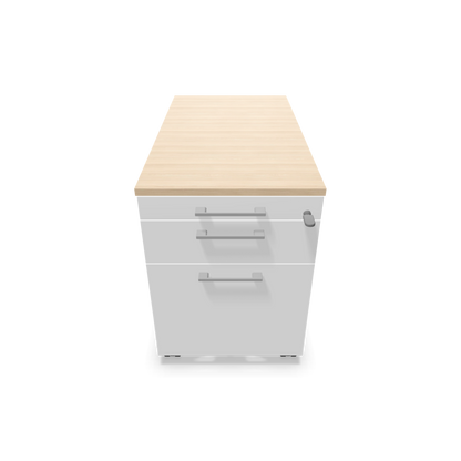 Narbutas Optima Roll-Korpus mit HR-Auszug - 800mm - Eschendekor sandbeige und weisser Front mit Griffen Silbergrau