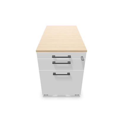 Narbutas Optima Roll-Korpus mit HR-Auszug - 800mm - Eschendekor sandbeige und weisser Front mit Griffen Dunkelgrau