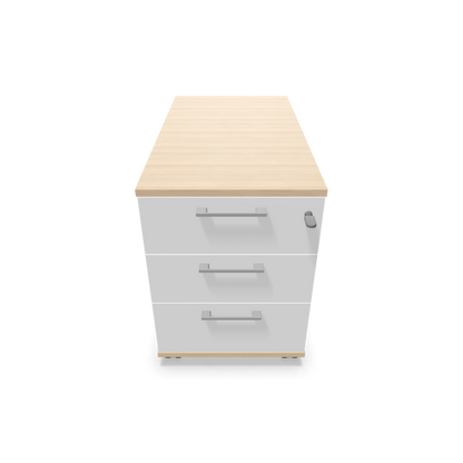 Narbutas Optima Roll-Korpus mit 3 Schubladen - 800mm - Eschendekor sandbeige und weisser Front mit Griffen Silbergrau