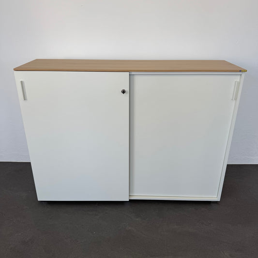 König + Neurath ACTA Classic Schiebetür-Aktenschrank Spanplatte weiss mit Holzdekblatt