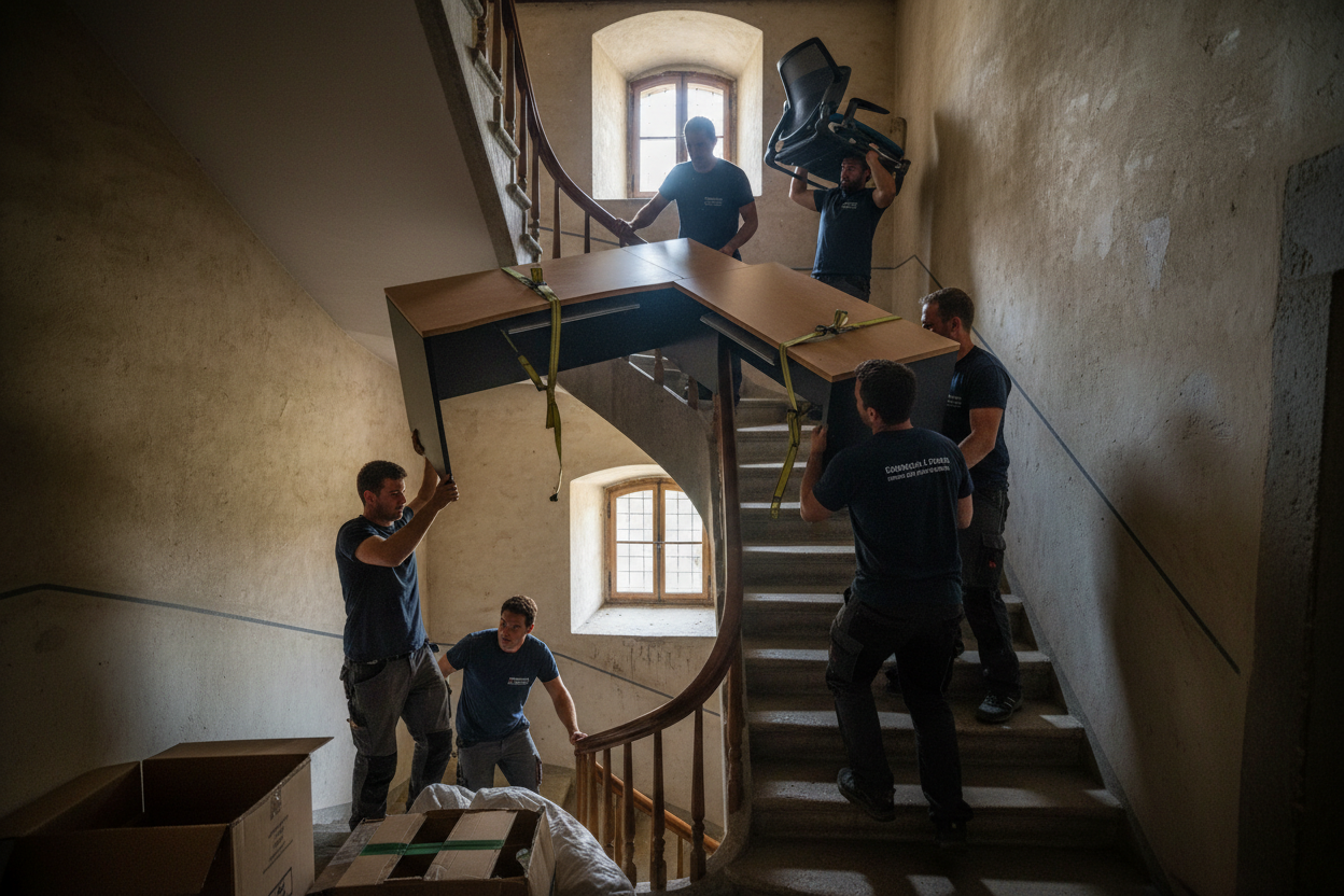 Lieferteam trägt Büromöbel durch enges Schweizer Treppenhaus - Behind the Scenes authentische Einbringung MC Office Shop
