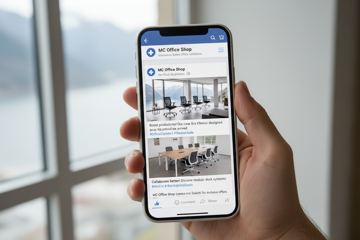Facebook Business Page MC Office Shop mit Likes und Kommentaren - Community Engagement Social Media Schweiz