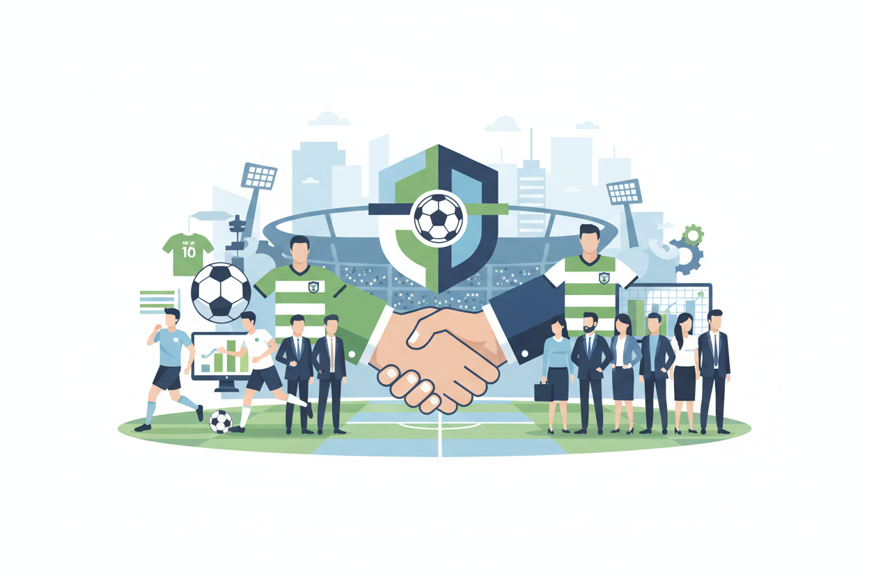 Fussball Sponsoring Partnerschaft Schweiz - Handshake zwischen Business und Sport mit Stadion im Hintergrund