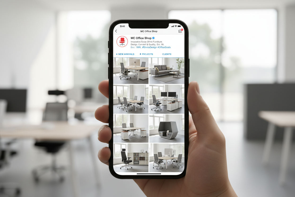 MC Office Shop Instagram Profil auf Smartphone mit Büromöbel-Posts und Behind-the-Scenes Content - Social Media Schweiz