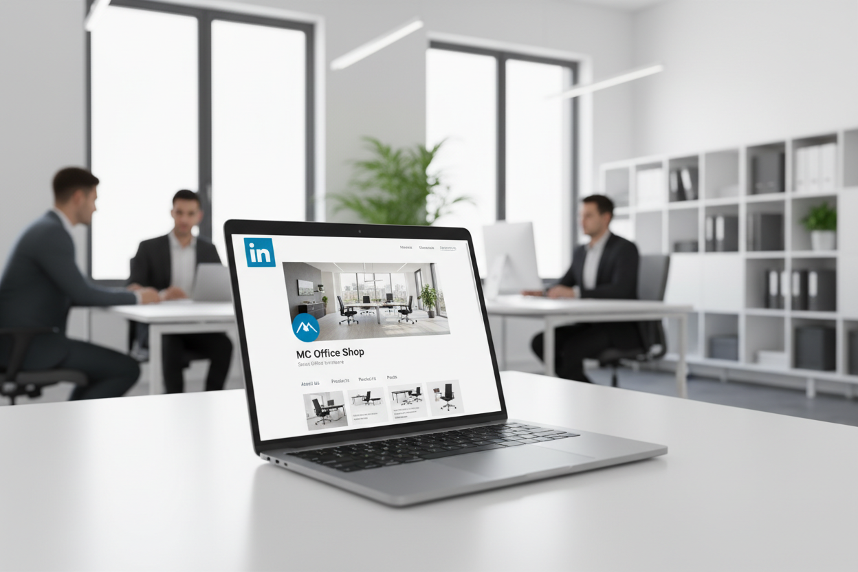 LinkedIn Company Page MC Office Shop auf Laptop - professionelles Business Networking und Insights Schweiz